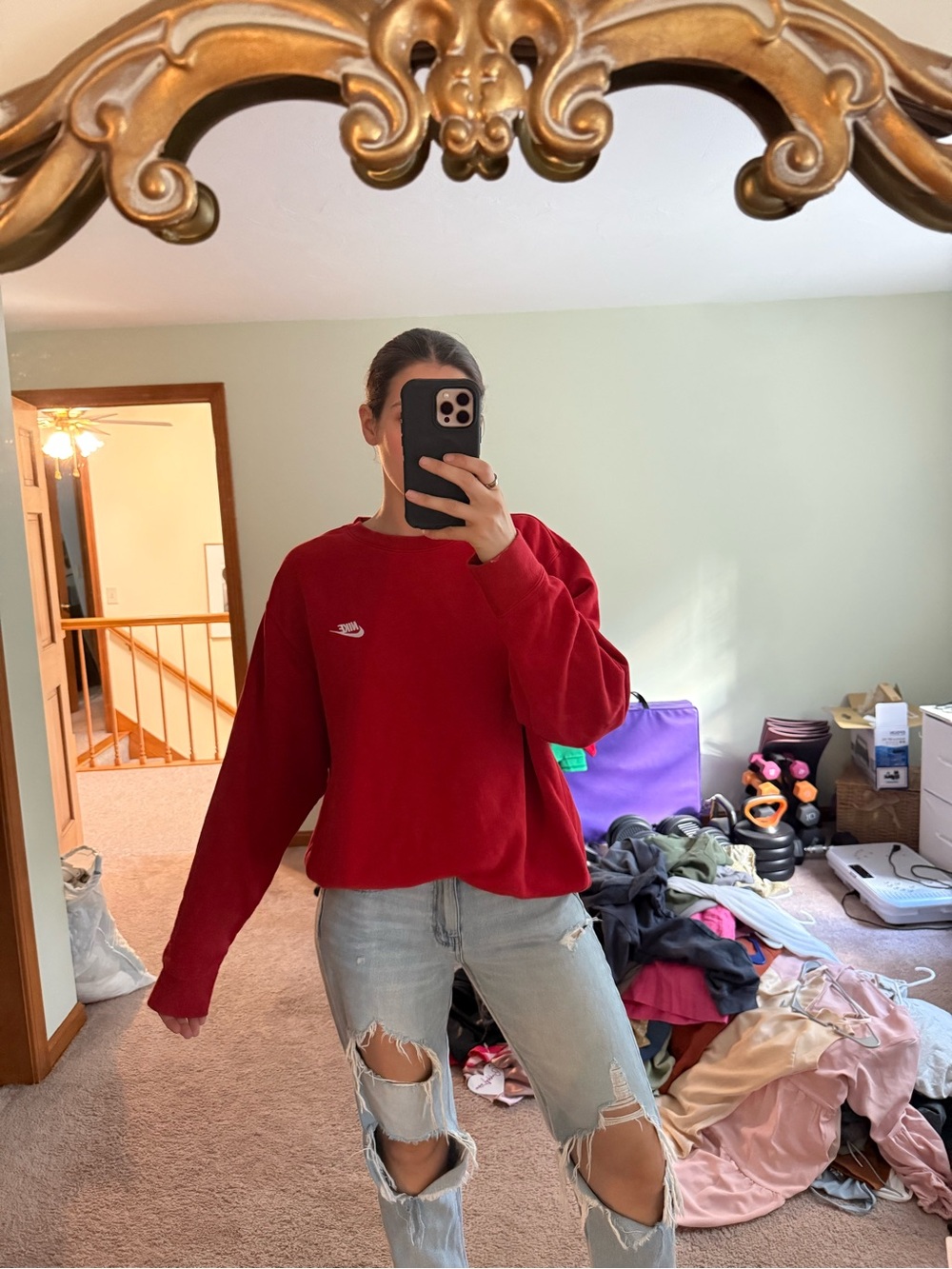 Nike Red Women's Crew Sweatshirt with Small Swoosh